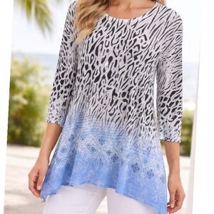 Jess & Jane Medium "Panthera" Tunic Top Animal Blouse Lightweight Blue Hem